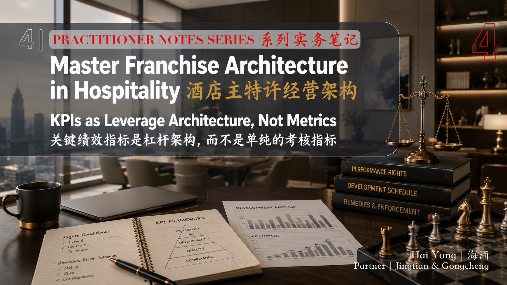 Hero image for Article 4 of the Master Franchise Architecture in Hospitality practitioner notes series, featuring a luxury business setting with KPI framework materials, development schedule documents, legal and strategic symbols, and bilingual title text: "KPIs as Leverage Architecture, Not Metrics / 关键绩效指标是杠杆架构,而不是单纯的考核指标".